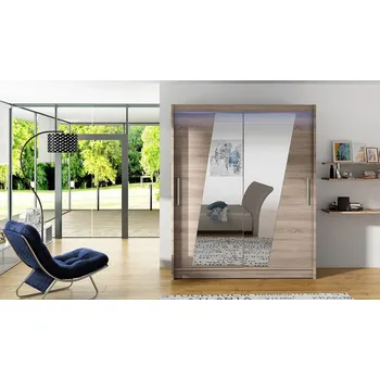 Šatní skříň Šatní skříň 150 cm se zrcadlem a LED osvětlením ELADIO 14 - dub lanýž