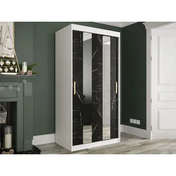 Šatní skříň Úzká šatní skříň 100 cm se zrcadlem CARSON 1 - černý mramor / bílá / zlatá