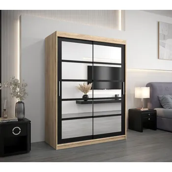 Šatní skříň Šatní skříň se zrcadly KARLA - šířka 150 cm, dub sonoma / černá