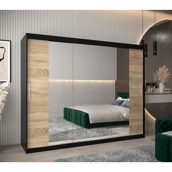 Šatní skříň Skříň s posuvnými dveřmi v šířce 250 cm TIMEA 2 - černá / dub sonoma