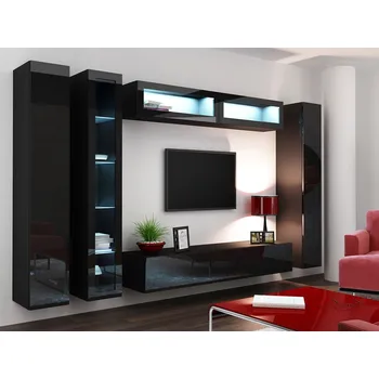 Obývací stěna Obývací stěna s LED modrým osvětlením ASHTON 6 - černá / lesklá černá