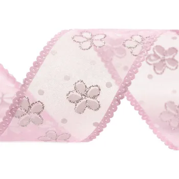 Stuha Organzová stuha s květy a glitry šíře 40 mm, střední, 3 růžová sv.