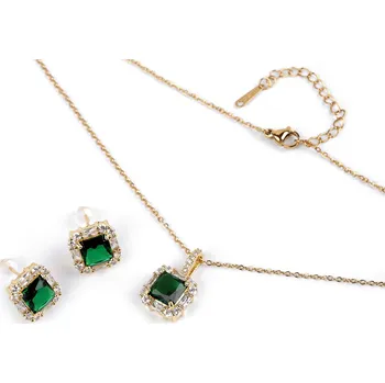 Náramek Sada náhrdelník a náušnice z nerezové oceli s broušenými kamínky, střední, 2 emerald