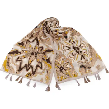 Šála Šátek / šála / pléd s květy a střapci 80x180 cm, střední, 1 béžová nejsv.