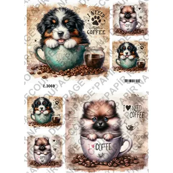 Umělecký papír Rýžový a soft papír na decoupage - Pes v hrnku - KB3069 Materiál: Soft, Rozměr: A4