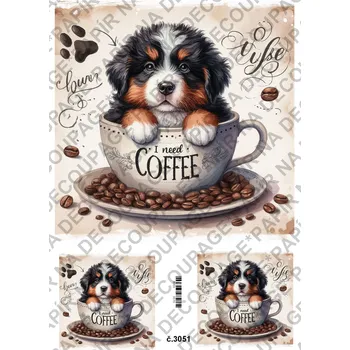 Umělecký papír Rýžový a soft papír na decoupage - Pes v hrnku - KB3051 Materiál: Soft, Rozměr: A4