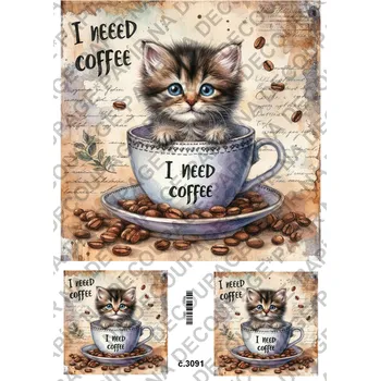 Umělecký papír Rýžový a soft papír na decoupage - Kotě v hrnku - KB3091 Materiál: Soft, Rozměr: A4