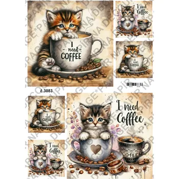 Umělecký papír Rýžový a soft papír na decoupage - Kotě v hrnku - KB3083 Materiál: Soft, Rozměr: A4