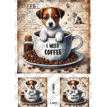 Umělecký papír Rýžový a soft papír na decoupage - Pes v hrnku - KB3077 Materiál: Soft, Rozměr: A4