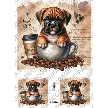 Umělecký papír Rýžový a soft papír na decoupage - Pes v hrnku - KB3070 Materiál: Soft, Rozměr: A4