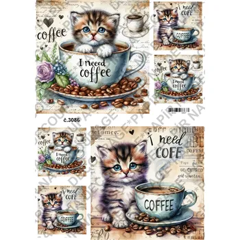 Umělecký papír Rýžový a soft papír na decoupage - Kotě v hrnku - KB3086 Materiál: Soft, Rozměr: A4