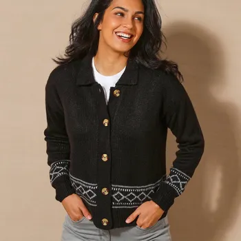 Dámský svetr Blancheporte Propínací svetr s etno vzorem a límečkem černá 52