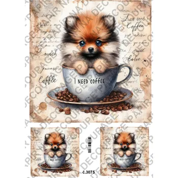 Výtvarný papír Rýžový a soft papír na decoupage - Pes v hrnku - KB3075 Materiál: Rýžový papír, Rozměr: A4