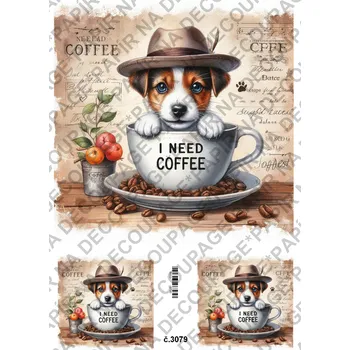 Umělecký papír Rýžový a soft papír na decoupage - Pes v hrnku - KB3079 Materiál: Soft, Rozměr: A4