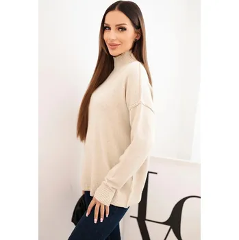 Dámský svetr Dámský svetr z viskózy s ribovaným polo límcem a volným střihem béžový UNI
