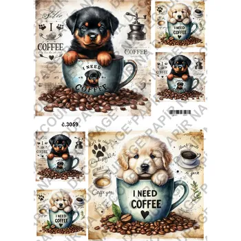 Umělecký papír Rýžový a soft papír na decoupage - Pes v hrnku - KB3059 Materiál: Soft, Rozměr: A4