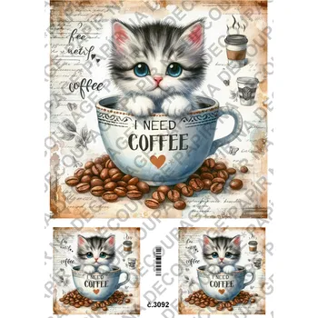 Umělecký papír Rýžový a soft papír na decoupage - Kotě v hrnku - KB3092 Materiál: Soft, Rozměr: A4