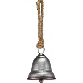 Vánoce Kovový zvonek stříbrný na jutovém provaze 9x7,7x25 cm