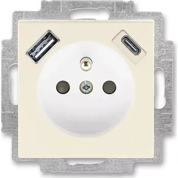 Stavebniny ABB LEVIT 5569H-A32357 17 SLONOVÁ KOST/BÍLÁ Zásuvka jednonásobná s ochranným kolíkem a clonkami s integrovaným USB a USB-C nabíjením
