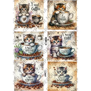 Umělecký papír Rýžový a soft papír na decoupage - Kotě v hrnku - KB3087 Materiál: Soft, Rozměr: A4