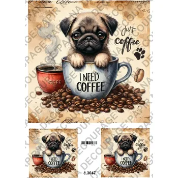 Umělecký papír Rýžový a soft papír na decoupage - Pes v hrnku - KB3047 Materiál: Soft, Rozměr: A4