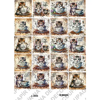 Umělecký papír Rýžový a soft papír na decoupage - Kotě v hrnku - KB3094 Materiál: Soft, Rozměr: A4