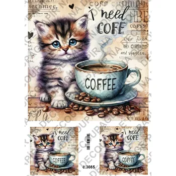 Umělecký papír Rýžový a soft papír na decoupage - Kotě v hrnku - KB3085 Materiál: Soft, Rozměr: A4