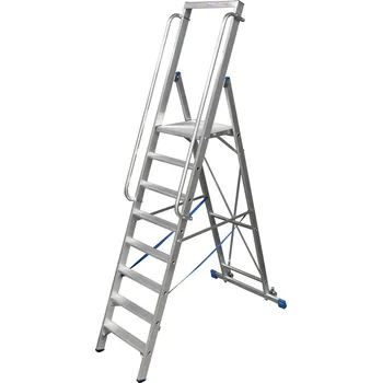 Žebřík Mobilní štafle z hliníku, velká plošinka, zábradlí, 14 příček