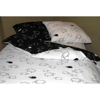 Povlečení Krepové povlečení 140x200 Bílé Černé Beránky Ovce Ovečka na knoflíky