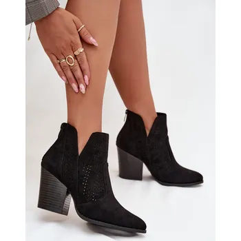 Dámské kozačky Dámské perforované kotníkové boty na podpatku S.Barski HY51-060 Barva: Černá, Velikost: 37