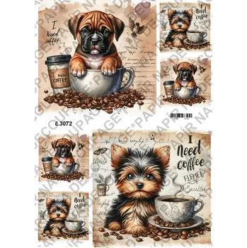 Umělecký papír Rýžový a soft papír na decoupage - Pes v hrnku - KB3072 Materiál: Soft, Rozměr: A4