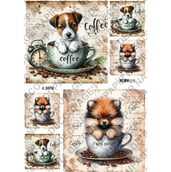 Umělecký papír Rýžový a soft papír na decoupage - Pes v hrnku - KB3076 Materiál: Soft, Rozměr: A4