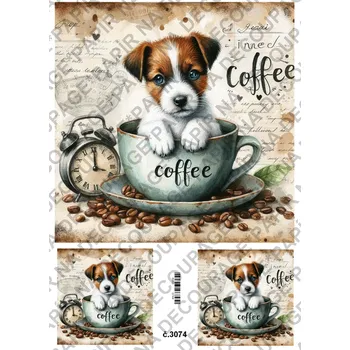 Umělecký papír Rýžový a soft papír na decoupage - Pes v hrnku - KB3074 Materiál: Soft, Rozměr: A4