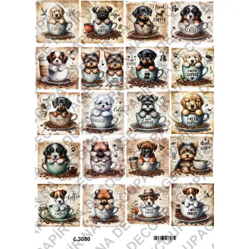 Umělecký papír Rýžový a soft papír na decoupage - Pes v hrnku - KB3080 Materiál: Soft, Rozměr: A4