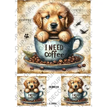 Umělecký papír Rýžový a soft papír na decoupage - Pes v hrnku - KB3064 Materiál: Soft, Rozměr: A4