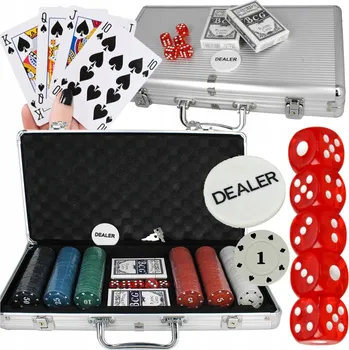 Pokerové sada POKER TEXAS SADA 300 ŽETONŮ 5 HODNOT 2 BALÍČKY KARET PEVNÝ KUFŘÍK