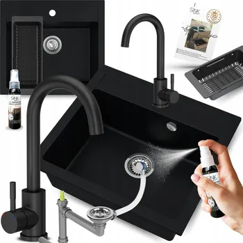 Granitový dřez GRANITOVÝ DŘEZ JEDNOKOMOROVÝ kuchyňský 60 cm černý SE BATERIÍ 9v1