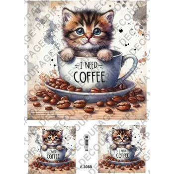 Umělecký papír Rýžový a soft papír na decoupage - Kotě v hrnku - KB3088 Materiál: Soft, Rozměr: A4