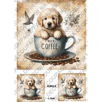 Umělecký papír Rýžový a soft papír na decoupage - Pes v hrnku - KB3048 Materiál: Rýžový papír, Rozměr: A4