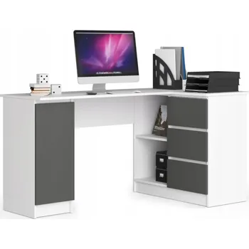 Psací stůl Rohový psací stůl Akord B20 155 cm bílo-grafitový, 3 zásuvky, 4 police