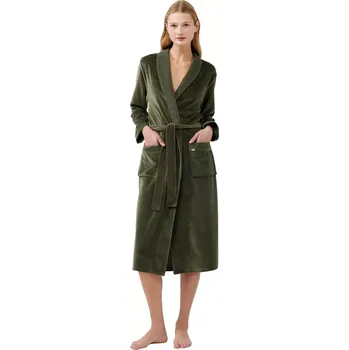 Dámský župan Vamp dlouhý sametový župan 21143 olive dusty velikost XL