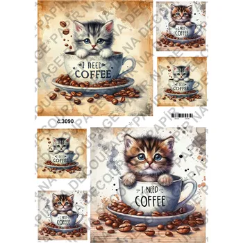 Umělecký papír Rýžový a soft papír na decoupage - Kotě v hrnku - KB3090 Materiál: Soft, Rozměr: A4