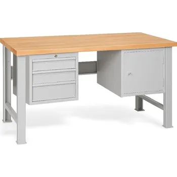Dílenský stůl Pracovní stůl se 3 závěsnými zásuvkami a skříňkou, s pevnými nohami, 1500 mm #08 UNIBENCH S D3C1