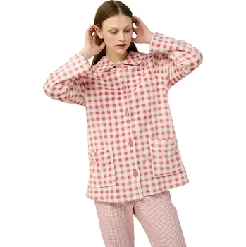 Dámské noční prádlo Dámský fleecový kostkovaný župan s knoflíky Vamp 23323 pink tan velikost XXL