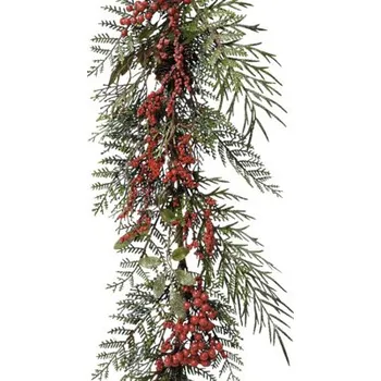 umělá květina Girlanda umělá jehličnatá s červenými bobulemi a šiškami se třpytkami 18 x 8 x 180 cm