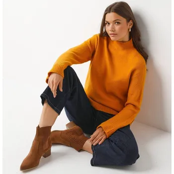 Dámský svetr Volný pulovr se stojáčkem žlutá 52