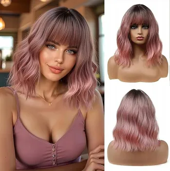 Paruka Paruka Bob s ofinou, vlnité vlasy, růžová s odrostem, 40 cm, EMMOR