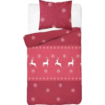 Povlečení Povlečení flanelové VÁNOČNÍ SOBÍ SNĚHOVÉ VLOČKY HVĚZDIČKY 140x200 červená