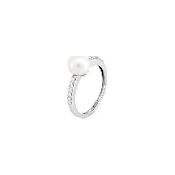 Prsten Prsten bílé zlato Perla sladkovodní se zirkony - velikost 52