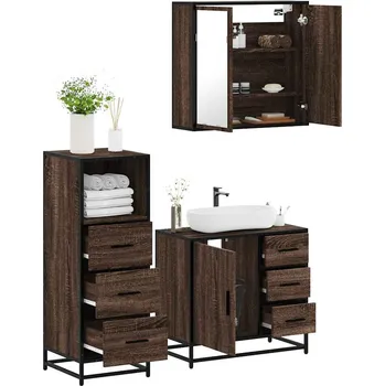 Toaletní stolek zahrada-XL 3dílný set koupelnového nábytku hnědý dub kompozitní dřevo 3301019